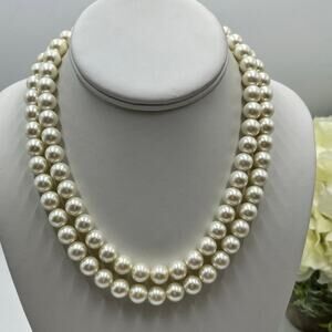 Napier Signed Double Strand Soft White Round Faux Pearl 10mm Gold Tone Necklace